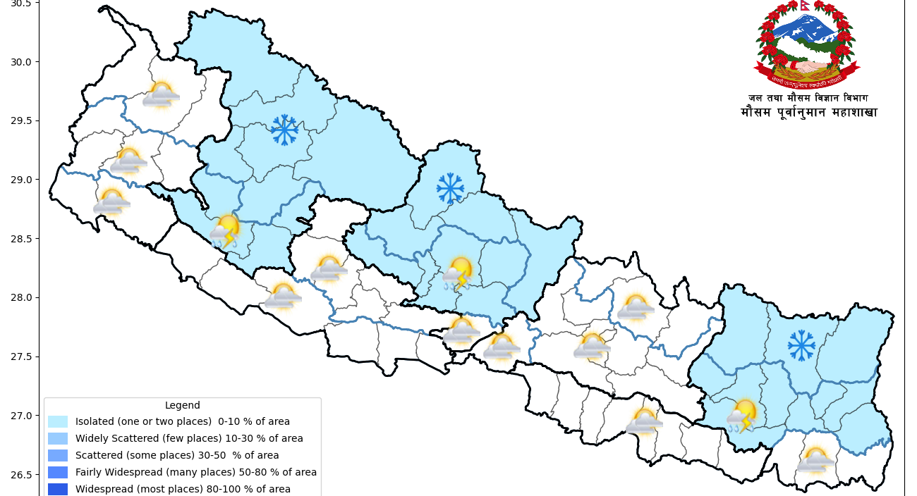 कोशी, गण्डकी र कर्णालीमा चट्याङसहित हल्का वर्षाको सम्भावना, उच्च पहाडी तथा हिमाली भागमा हिमपात